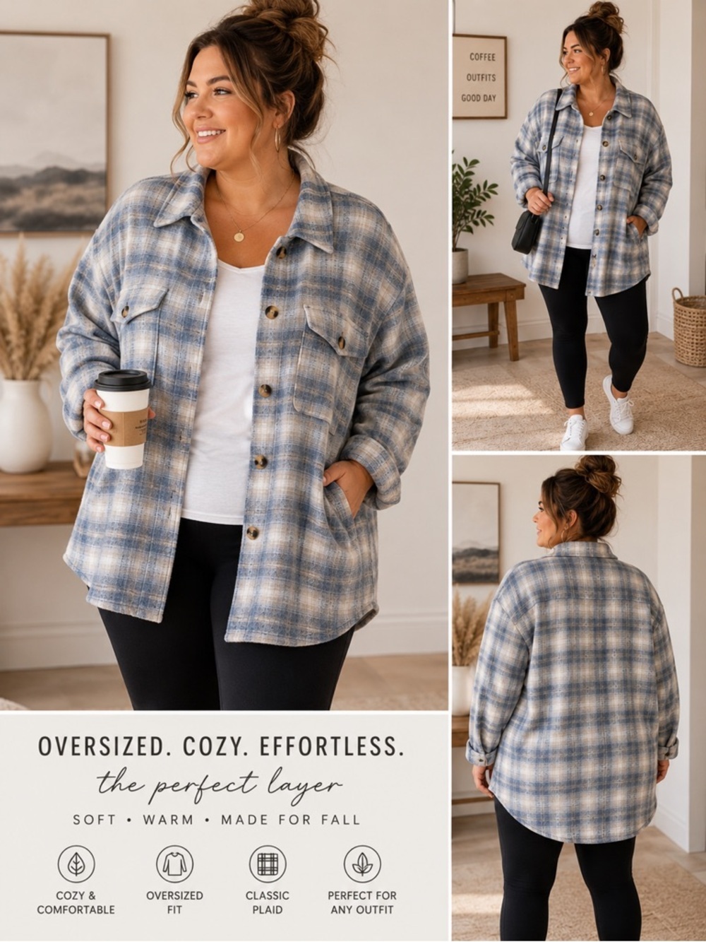 American Eagle Oversized Blue Plaid Jacket Cozy Lined Shacket Women’s Sz 2X